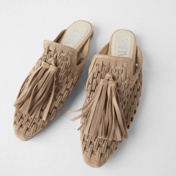 Zara Shoes - NWT ZARA FLAT BRAIDED LEATHER MULES WITH TASSELS - Size 38